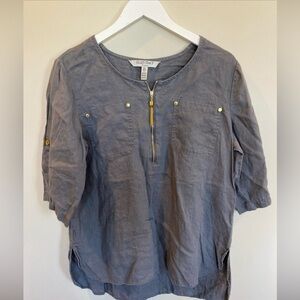 Ellen Tracy Linen 1/2 Sleeve Scoop Neck Solid Gray Tunic Blouse Womens Large